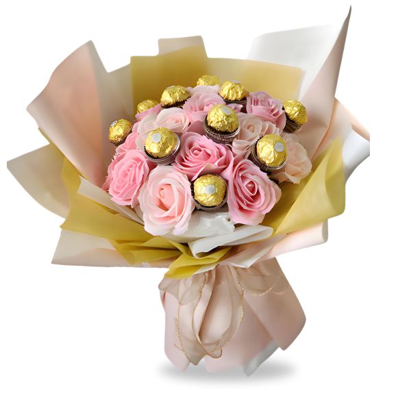 Everlasting Flowers & Chocolates Bouquet – Rose Soap Flowers with Ferrero Rocher