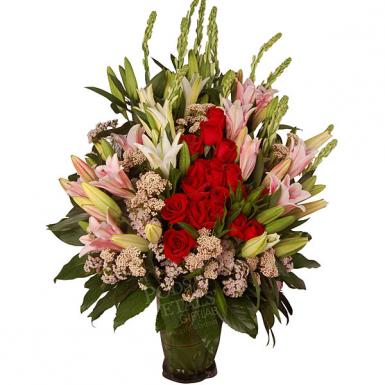 FLORAL GRANDIEO - LILIES ROSES FLOWER VASE BOUQUET