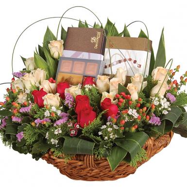 Ultimate Indulgence- Godiva Chocolate Pralines Roses Bouquet Basket