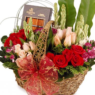Sensuous Godiva - Carres Chocolate with Flowers Basket