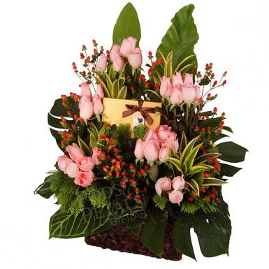 Rosalyn Godiva - Chocolate Truffles with Pink Roses Flower Basket