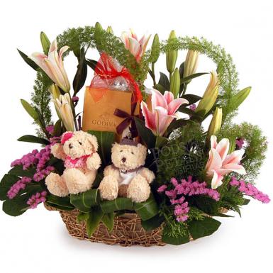 Beary Godiva Cube Truffle Choc - Praline Chocolate Flower Basket
