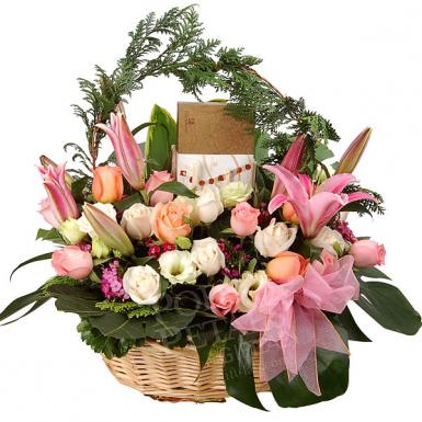 Anthea - Lilies Roses Flower Basket with Decadence Chocolate Praline