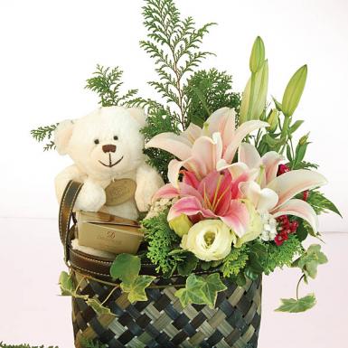 Rolly Jewels - Bear, Decadence Chocolates & Lilies Flowers Basket