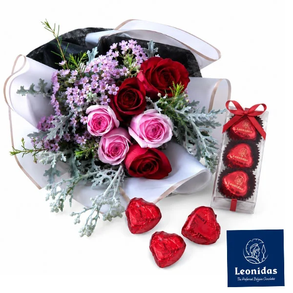 Leonidas Heart Chocolates with Red and Pink Roses Bouquet Malaysia