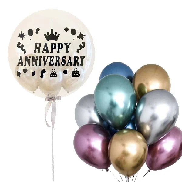 Happy Anniversary Bubble Helium Balloon Bouquet featuring a giant 24-inch transparent bubble balloon with metallic helium balloons for anniversary delivery in Bangsar and Klang Valley by Giftlab Malaysia.
