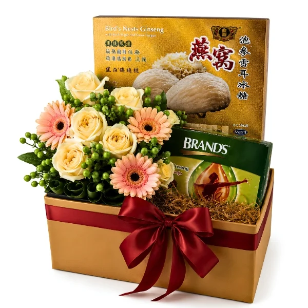 Birdnest Beauty Bird's Nest and Brand's Essence of Chicken get well gift hamper with fresh flowers for recovery gift delivery in Malaysia.