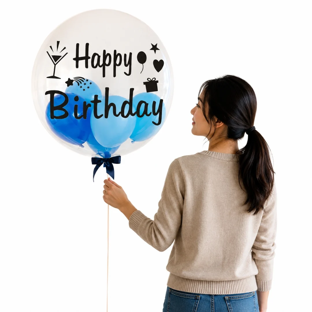 Happy Birthday Bubble Balloon with colourful mini balloons inside giant balloon for birthday celebrations in Petaling Jaya and Klang Valley by Giftlab Malaysia.
