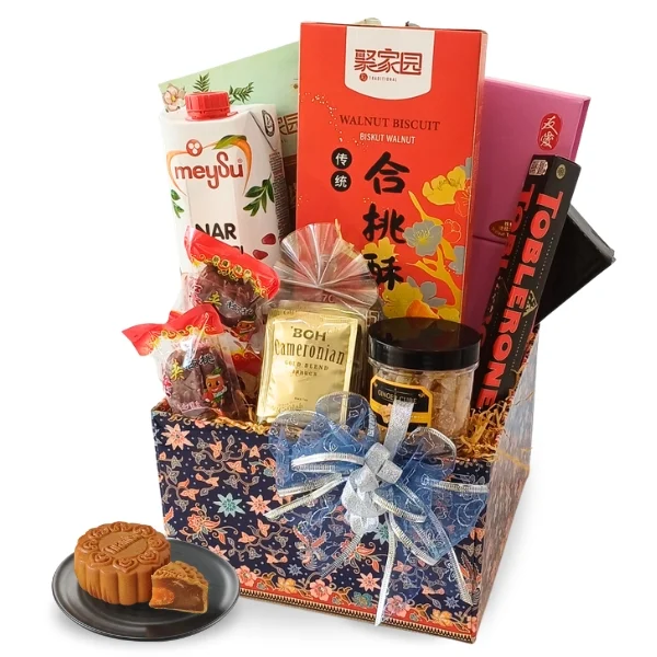 Blessing Aplenty Mid-Autumn Mooncake Gift Hamper with Yu Ai Mooncakes, Toblerone Chocolate, Pomegranate Juice, Walnut Cookies and BOH Tea by Giftlab Malaysia