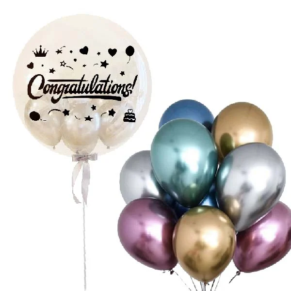 Congratulations Bubble Helium Balloon Bouquet featuring a 24-inch transparent bubble balloon and eight metallic helium balloons for graduation, promotion and celebration delivery in Klang Valley by Giftlab Malaysia.