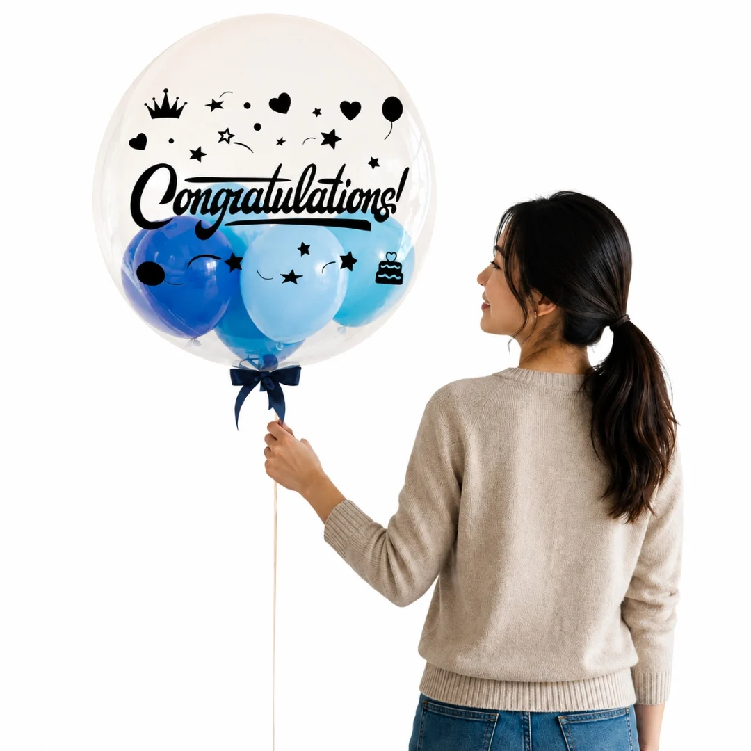 Congratulations Globe Balloon with mini balloons inside a giant transparent bubble balloon for graduation, promotion and celebration delivery in Shah Alam and Klang Valley by Giftlab Malaysia.