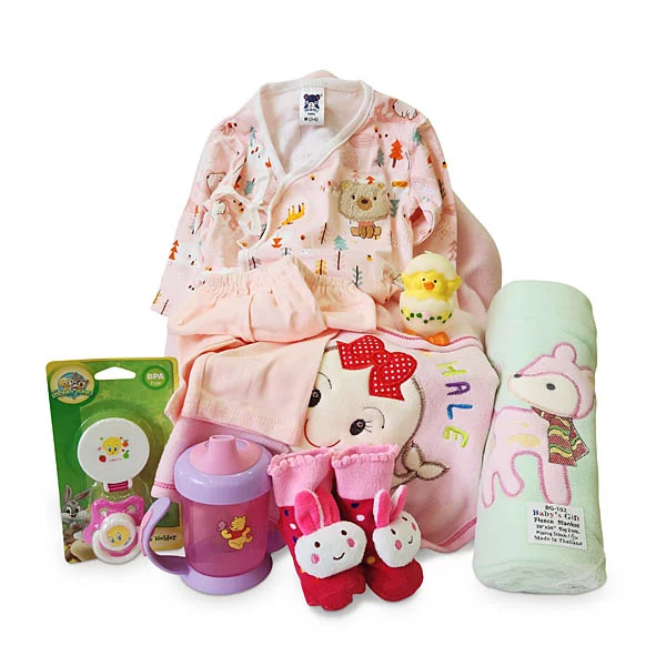 Farm Babies newborn baby gift hamper with designer baby clothes, fleece blanket, Disney baby cup, pacifier and baby essentials. Giftlab Malaysia