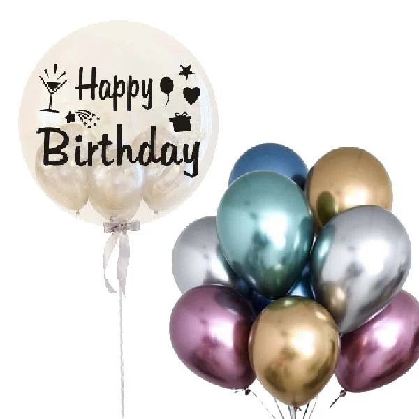 Happy Birthday Bubble Helium Balloon Bouquet featuring a giant 24-inch transparent bubble balloon with mini balloons and metallic helium balloons for birthday delivery in Klang Valley by Giftlab Malaysia