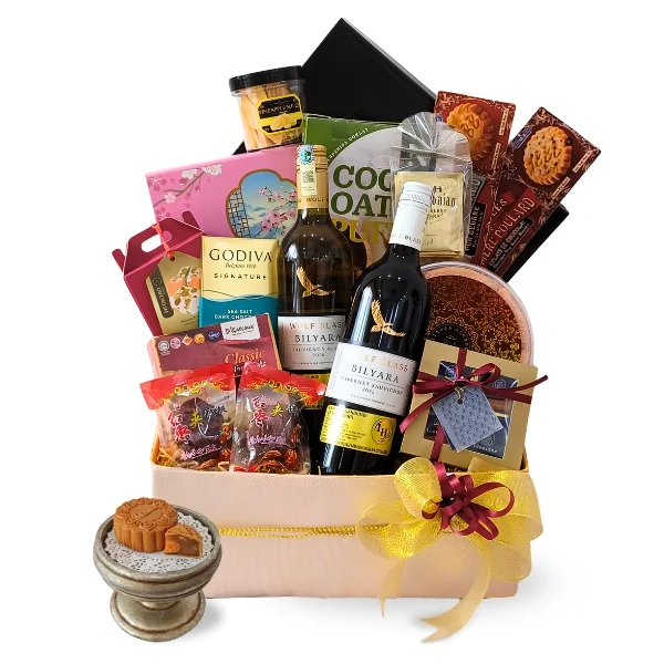 Mooncake Supreme premium mooncake hamper with Wolf Blass wines, Godiva, Leonidas and Yu Ai mooncakes by Giftlab Malaysia