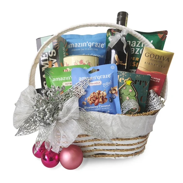 Premium gourmet wine and chocolate gift hamper with Wolf Blass Shiraz, Godiva chocolates, Amazing Graze granola, gourmet snacks, coffee and aromatherapy candle by Giftlab Malaysia