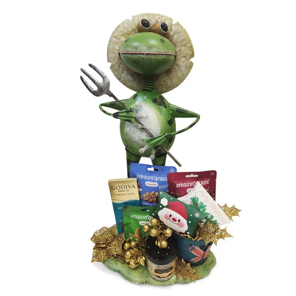 Prescot Garden Sculpture Gourmet Gift Hamper with Godiva chocolates, Amazing Graze granola, Brookside chocolates and decorative 60cm metal garden sculpture by Giftlab Malaysia