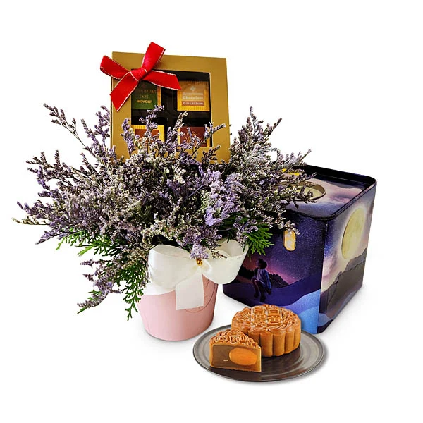 Sweet Gala Royce Hokkaido chocolates with Yu Ai Halal mooncakes and purple Caspia flower for Mid-Autumn Festival gift in Malaysia