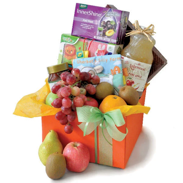Baby and Mother wellness gift hamper with organic apple juice, InnerShine, honey, baby activity playbook, learning blocks and fresh fruits.