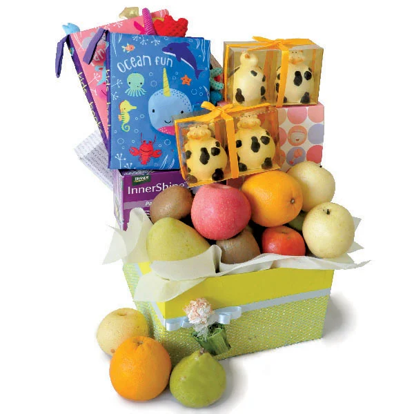 Twin baby learning gift hamper with two activity playbooks, InnerShine Berry Essenz, fresh fruits and baby gifts. Giftlab Malaysia