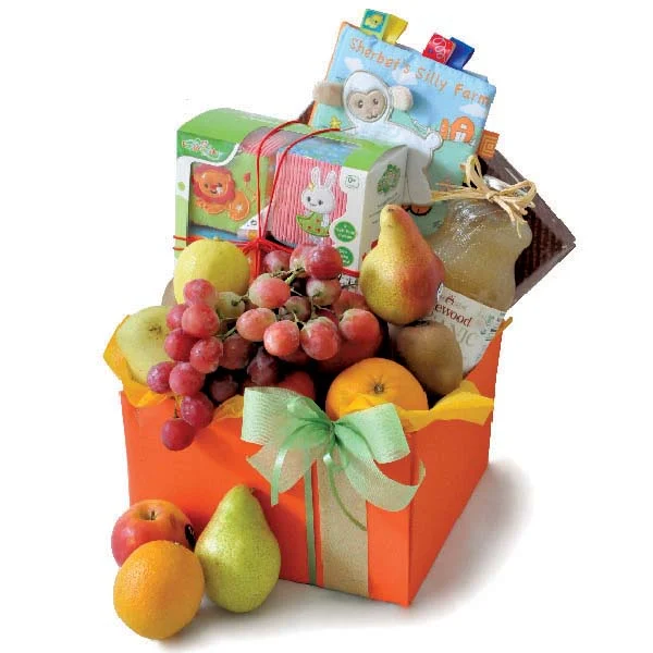 Early learning baby gift hamper with activity cloth playbook, learning blocks, organic apple juice and fresh fruits.